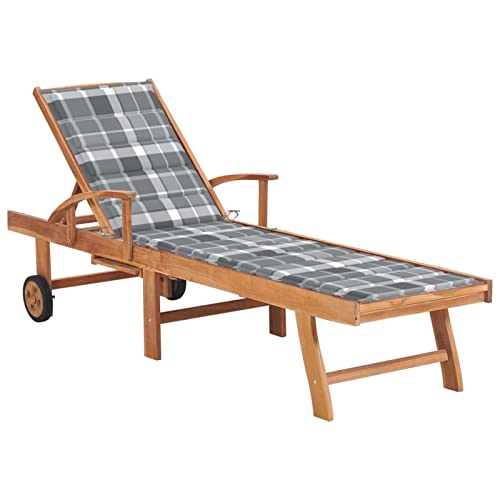 Fasba Teak Massiv Sonnenliege mit Auflage Grau Kariert Verstellbare Rückenlehne Gartenliege Gartenmöbel Holzliege Liegestuhl Liege Relaxliege Strandliege von Fasba
