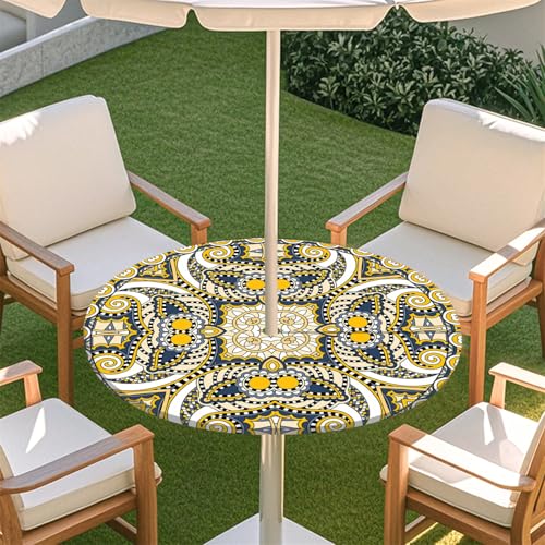 Fasbuy Böhmische Drucke Rund Tischdecke mit Loch Zipper, Abwaschbar Lotuseffekt Tischdecken, Outdoor Tischdecke, Elastisch Rund Gartentischdecke für Garten, Parteien (Gelb,L:114-137cm) von Fasbuy