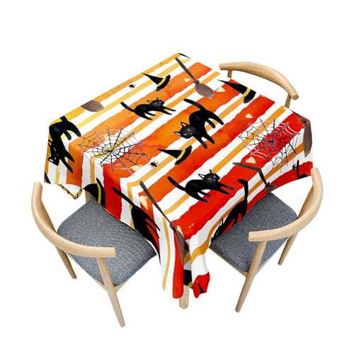 Fasbuy Halloween Tischdecke Abwaschbar, Quadratisch TischdeckenTischtuch aus Polyester Wasserabweisend mit Lotuseffekt, Draußen Tischwäsche Tischtuchklammern (Katze,150x150cm) von Fasbuy
