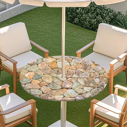 Fasbuy Rund Tischdecke mit Schirmloch und Reißverschluss, Wasserdicht Tischdecken,Tischdecke Abwaschbar,Elastischer Rand Gartentischdecke,3D-Druck Outdoor Table Cloth (Hellbraun,M:91-112cm) von Fasbuy