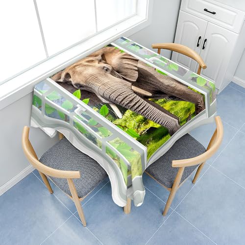 Fasbuy Tischdecke Abwaschbar, Quadratisch TischdeckenTischtuch aus Polyester Wasserabweisend mit Lotuseffekt, Draußen Tischwäsche Tischtuchklammern, 3D Fenster (Elefant,60x60cm) von Fasbuy