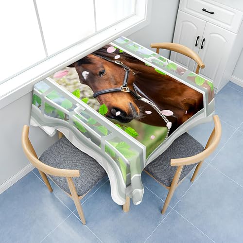 Fasbuy Tischdecke Abwaschbar, Quadratisch TischdeckenTischtuch aus Polyester Wasserabweisend mit Lotuseffekt, Draußen Tischwäsche Tischtuchklammern, 3D Fenster (Pferd,80x80cm) von Fasbuy