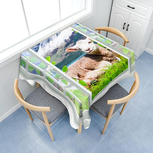 Fasbuy Tischdecke Abwaschbar, Quadratisch TischdeckenTischtuch aus Polyester Wasserabweisend mit Lotuseffekt, Draußen Tischwäsche Tischtuchklammern, 3D Fenster (Schaf,90x90cm) von Fasbuy