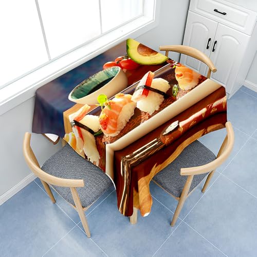Fasbuy Tischdecke Abwaschbar, Quadratisch TischdeckenTischtuch aus Polyester Wasserabweisend mit Lotuseffekt, Draußen Tischwäsche Tischtuchklammern, 3D Sushi-Muster (Braun,120x120cm) von Fasbuy