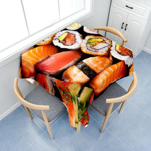 Fasbuy Tischdecke Abwaschbar, Quadratisch TischdeckenTischtuch aus Polyester Wasserabweisend mit Lotuseffekt, Draußen Tischwäsche Tischtuchklammern, 3D Sushi-Muster (Orange,90x90cm) von Fasbuy