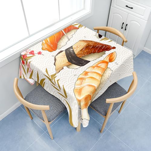 Fasbuy Tischdecke Abwaschbar, Quadratisch TischdeckenTischtuch aus Polyester Wasserabweisend mit Lotuseffekt, Draußen Tischwäsche Tischtuchklammern, 3D Sushi-Muster (Weiß,140x140cm) von Fasbuy