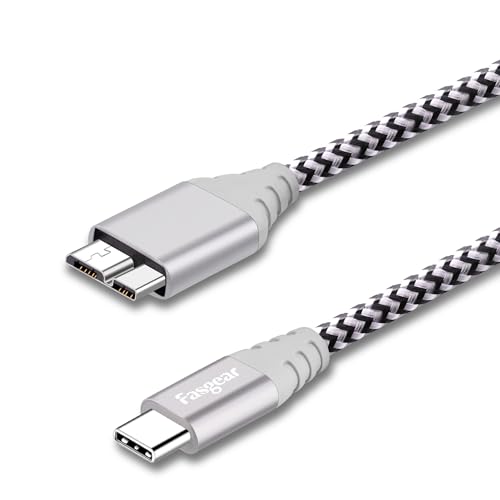 Fasgear 1 Stück 0,3m USB C zu Micro B Kabel Nylon Geflochtener Metallstecker Typ C zu Micro 3.0 Kabel Schnellladung 5 Gbit/s Sync Kompatibel mit Toshiba Canvio, Galaxy S5 Note 3 und mehr (Grau) von Fasgear