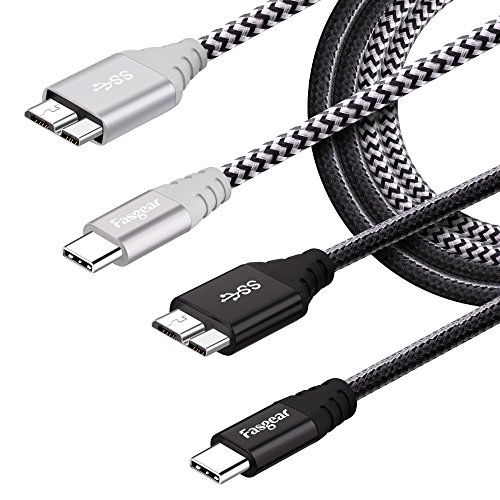 Fasgear 2 Stück 30cm USB C zu Micro B Kabel Nylon Geflochtener Metallstecker Typ C zu Micro 3.0 Kabel Schnellladung 5 Gbit/s Sync Kompatibel mit Toshiba Canvio, Galaxy S5 Note 3 (Grau, Schwarz) von Fasgear