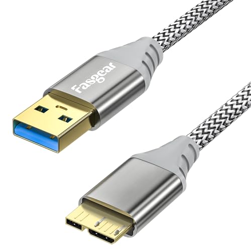 Fasgear USB 3.0 zu Micro B Kabel - Nylon geflochten 5 Gbit/s Lade- und Synchronisationskabel Kompatibel für Galaxy Note 3, Festplatte, mobile Festplatte(1m, Grau) von Fasgear