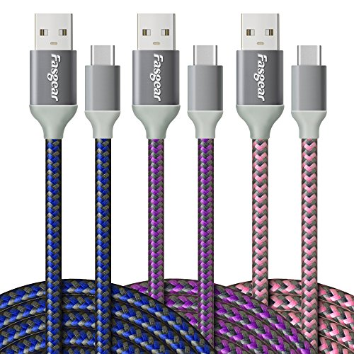 Fasgear USB zu USB C Kabel, 3 Stück 3m Nylon geflochtenes USB Typ C Schnelllade-Synchronisationskabel Kompatibel mit Galaxy S10 / S9 / S8 +, Moto Z2, LG V30 / G6, Nokia N1 und mehr (Blau, Lila, Pink) von Fasgear