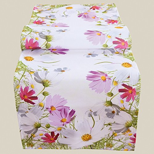 Fashion&Joy Tischläufer bunt Bedruckt mit Blumenwiese 40x140 cm weiß mit Digitaldruck Blumen - Sommer Chic Tischwäsche Typ407 von Fashion&Joy