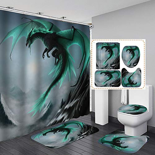 Fashion&Man 16 Stück/Set Fantasy fliegender Drache Duschvorhang Polyester Wasserdicht Badvorhang Anti-Rutsch-Badematten Set WC-Deckelbezug Magic Animal Badezimmer Dekor + 12 Haken 182,9 x cm grün von Fashion&Man