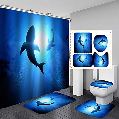 Fashion&Man 16 StückSet Whale Hai Schildkröte Delphin Duschvorhang Wasserdichter Stoff Polyester Badvorhang Badteppich Badvorleger Set WC Vorleger Ocean Unterwasser Marine Life Badezimmer Dekor von Fashion_Man