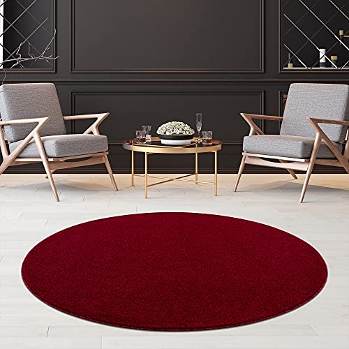 Fashion4Home Teppich Wohnzimmer – Einfarbig Teppich, Uni Teppich fürs Kinderzimmer, Schlafzimmer, Arbeitszimmer, Büro, Flur und Küche - Kurzflor Teppich Rot, Größe: 120 cm Rund von Jimri