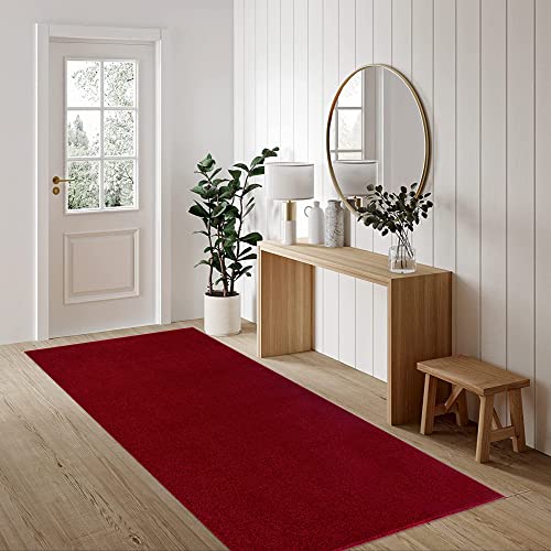 Fashion4Home Teppich Wohnzimmer – Einfarbig Teppich, Uni Teppich fürs Kinderzimmer, Schlafzimmer, Arbeitszimmer, Büro, Flur und Küche - Kurzflor Teppich Rot, Größe: 80x250 cm von Jimri