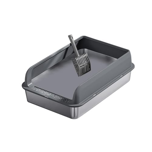 FashionCha Katzentoilette Als Toilette Großer Sandkasten Und Haustier Toilette Aus Metall Robuste Wanne mit Hohem Spritzschutz Und Griff für Haushal, Dunkelgrau und M von FashionCha