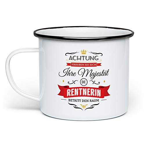 Fashionalarm Emaille-Tasse Ihre Majestät die Rentnerin - beidseitig Bedruckt | Emaille-Becher Spruch Geschenk Rente Pension Ruhestand Abschied, Weiß/Schwarz von Fashionalarm