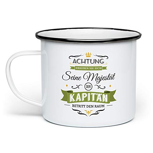 Fashionalarm Emaille-Tasse Seine Majestät der Kapitän - beidseitig Bedruckt | Emaille-Becher mit Spruch Geschenk Boot-Fahrer Schiff Beruf Arbeit, Weiß/Schwarz von Fashionalarm