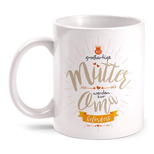Fashionalarm Tasse Großartige Mütter werden zur Oma befördert beidseitig bedruckt mit Spruch | Geburtstag Geschenk Idee Mama Geburt Enkelkind, Farbe:weiß von Fashionalarm