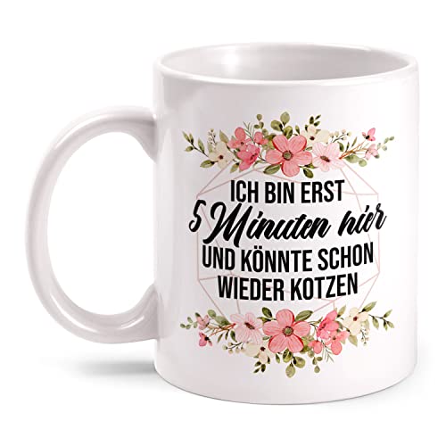 Fashionalarm Tasse Ich Bin erst 5 Minuten Hier beidseitig Bedruckt mit lustigem Spruch & Blumen Motiv als Geschenk-Idee für Freunde Kollegen, Weiß 330ml von Fashionalarm