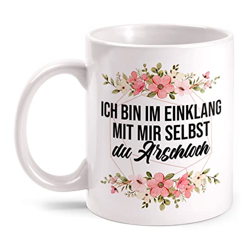 Fashionalarm Tasse Ich Bin im Einklang mit Mir selbst beidseitig Bedruckt mit lustigem Spruch & Blumen Motiv als Geschenk-Idee für Freunde, Weiß 330ml von Fashionalarm