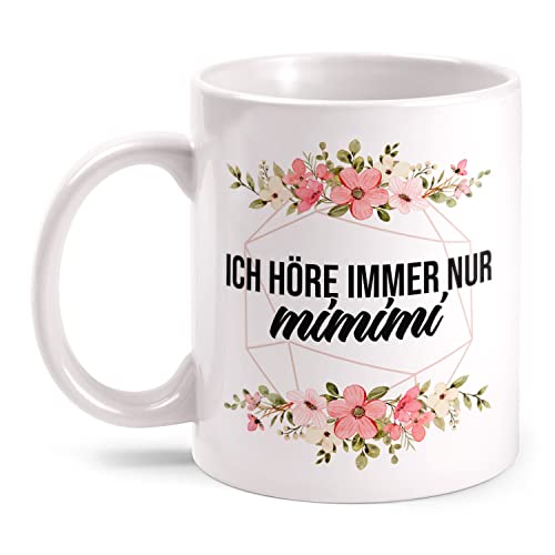 Fashionalarm Tasse Ich höre Immer nur mimimi beidseitig Bedruckt mit Blumen Motiv & lustigem Spruch als Geschenk-Idee für Freunde Kollegen, Weiß 330 ml von Fashionalarm