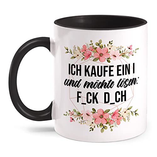 Fashionalarm Tasse Ich kaufe EIN I und möchte lösen beidseitig Bedruckt mit lustigem Spruch & Blumen Motiv als Geschenk-Idee für Freunde, Schwarz 330ml von Fashionalarm