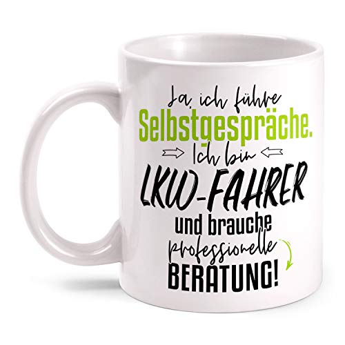 Fashionalarm Tasse LKW-Fahrer - Ich führe Selbstgespräche beidseitig Bedruckt mit Spruch | Lustige Geschenk-Idee Kollege Arbeit Berufe-Tasse, Weiß 330 ml von Fashionalarm