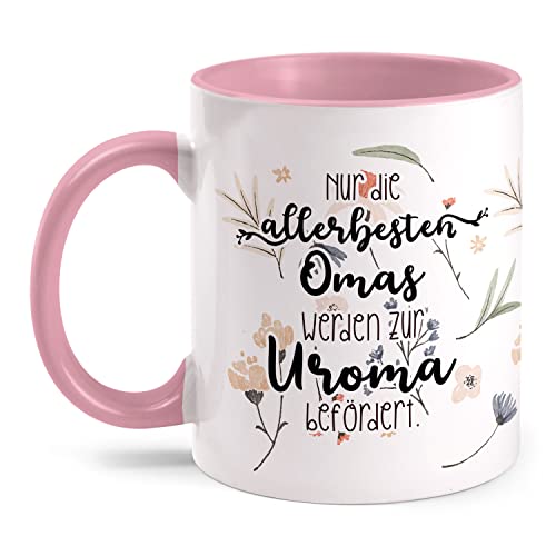 Fashionalarm Tasse Nur die allerbesten Omas Werden zur Uroma befördert 2023 beidseitig Bedruckt mit lustigem Spruch & Motiv Geschenk-Idee, Rosa 330 ml von Fashionalarm