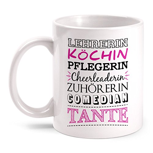 Fashionalarm Tasse Tante - Lehrerin Köchin Pflegerin beidseitig bedruckt mit Spruch | Geburtstag Geschenk Idee Danke sagen | Beste Tante der Welt, Farbe:weiß von Fashionalarm