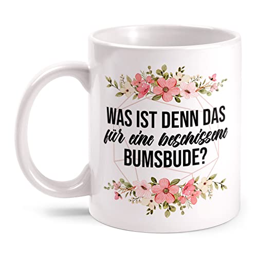 Fashionalarm Tasse was ist denn das für eine Bumsbude beidseitig Bedruckt mit lustigem Spruch & Blumen Motiv als Geschenk-Idee für Freunde, Weiß 330ml von Fashionalarm