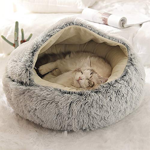 Fashionapple Flauschiges Katzenbett, rund, weiches Plüsch, Höhle mit Kapuze, Katzenbett, für den Winter, warm, Schlafkissen, rutschfest, maschinenwaschbar, für Katzen und Welpen,Grau,50 cm von Fashionapple