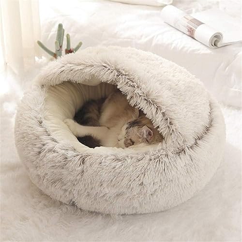 Fashionapple Flauschiges Katzenbett, rund, weiches Plüsch, Höhle mit Kapuze, Katzenbett, für den Winter, warm, Schlafkissen, rutschfest, maschinenwaschbar, für Katzen und Welpen,Kaffe,50 cm von Fashionapple