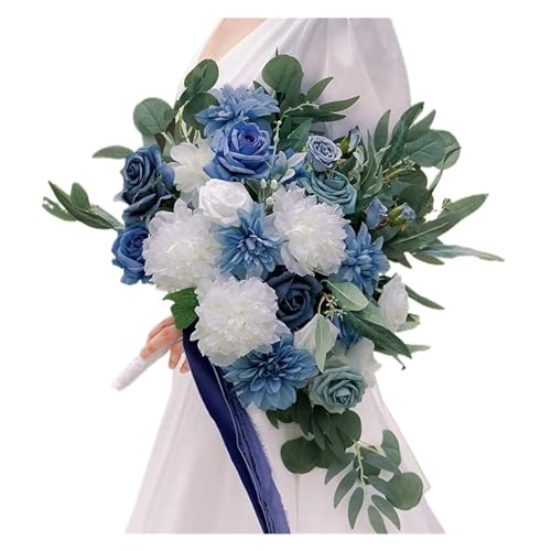 Fasksh Hochzeitssträuße für Braut, Brautjungfer, weiße Champagner, künstliche Rosen, Blumen für Hochzeit, Kirche, Dekoration (Farbe: Dunkelblau plus Weiß) von Fasksh