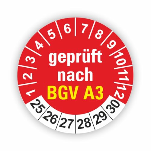 Fassbender-Druck PRÜFPLAKETTEN - Hochwertige Prüfetiketten BGV A3 PRÜFUNG Ø 40mm - Selbstklebende PVC-Folie - Wartungsetiketten für Prüfung - Prüfplakette für Prüfungsnachweis (60 Stück) von Fassbender-Druck PRÜFPLAKETTEN