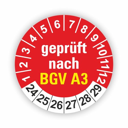 Fassbender-Druck PRÜFPLAKETTEN - Hochwertige Prüfetiketten BGV A3 PRÜFUNG Ø 30mm - Selbstklebende PVC-Folie - Wartungsetiketten für Prüfung - Prüfplakette für Prüfungsnachweis (120 Stück) von Fassbender-Druck PRÜFPLAKETTEN