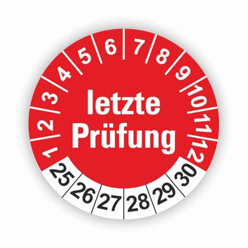 Fassbender-Druck PRÜFPLAKETTEN - Hochwertige Prüfetiketten LETZTE PRÜFUNG Ø 40mm - Selbstklebende PVC-Folie - Wartungsetiketten für Prüfung - Prüfplakette für Prüfungsnachweis (30 Stück) von Fassbender-Druck PRÜFPLAKETTEN