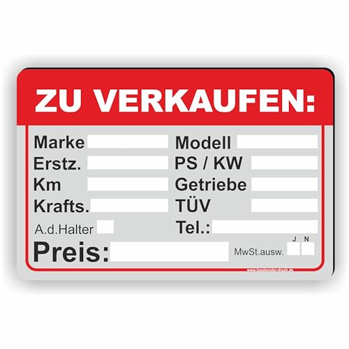 AUTO ZU VERKAUFEN - Verkaufsschild - SCHILD/D-033 (60x40cm Schild) von Fassbender-Druck SCHILDER