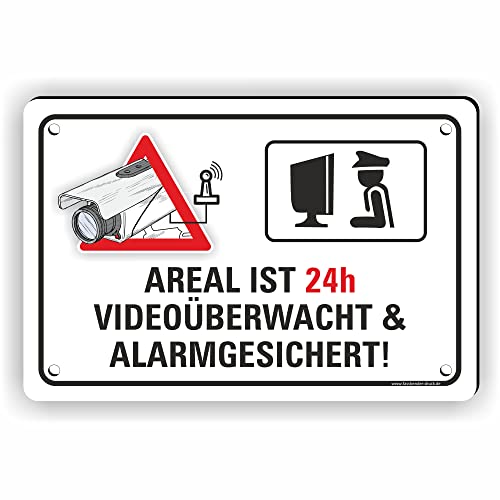 Fassbender-Druck SCHILDER - AREAL ist 24h VIDEOÜBERWACHT vorgebohrtes Schild zum Markieren eines videoüberwachten Bereiches - Videoüberwachungsschild mit Bohrlöchern - (15x10cm SCHILD) von Fassbender-Druck SCHILDER