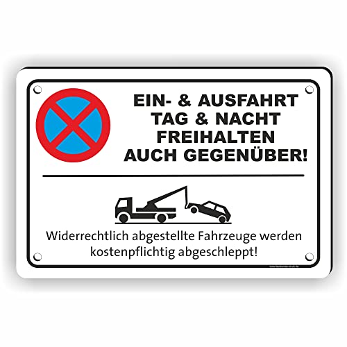 Fassbender-Druck SCHILDER - EIN- und AUSFAHRT AUCH GEGENÜBER - vorgebohrtes Parken verboten Schild - Schild mit Bohrlöchern zum Markieren vom absoluten Parkverbot / Parkverbotsschild (20x30cm Schild) von Fassbender-Druck SCHILDER