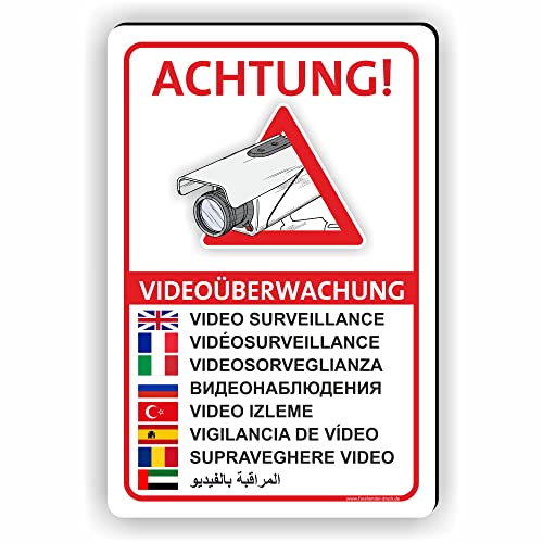 Fassbender-Druck SCHILDER - VIDEOÜBERWACHT (9 Sprachen) Schild zum Markieren eines videoüberwachten Bereiches - Aluverbundplatte für ein Videoüberwachungsschild - (75x50cm SCHILD) von Fassbender-Druck SCHILDER
