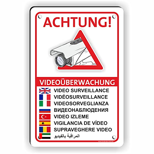 Fassbender-Druck SCHILDER - VIDEOÜBERWACHT (9 Sprachen) vorgebohrtes Schild zum Markieren eines videoüberwachten Bereiches - Videoüberwachungsschild mit Bohrlöchern - (45x30cm SCHILD) von Fassbender-Druck SCHILDER