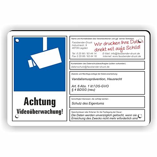 Fassbender-Druck SCHILDER - VIDEOÜBERWACHT DSGVO (BDSG) konform vorgebohrtes Schild zum Markieren eines videoüberwachten Bereiches - Videoüberwachungsschild mit Bohrlöchern - (15x10cm SCHILD) von Fassbender-Druck SCHILDER