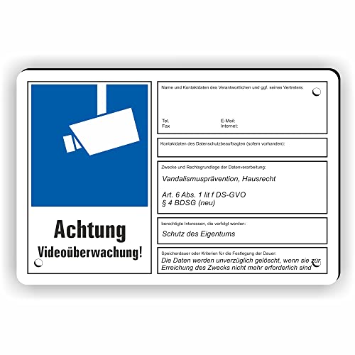 Fassbender-Druck SCHILDER - VIDEOÜBERWACHT DSGVO (BDSG) konform vorgebohrtes Schild zum Markieren eines videoüberwachten Bereiches - Videoüberwachungsschild mit Bohrlöchern - (15x10cm SCHILD) von Fassbender-Druck SCHILDER