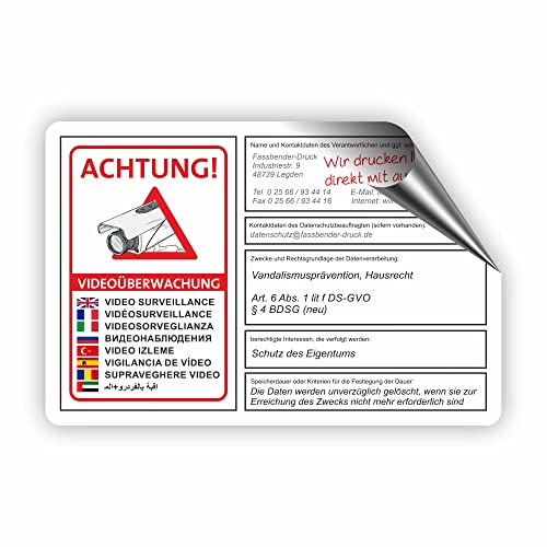 dsgvo BDSG mit Wunschtext - Videoüberwachung Schild/VÜ-015 (30x20cm AUFKL.) von Fassbender-Druck SCHILDER