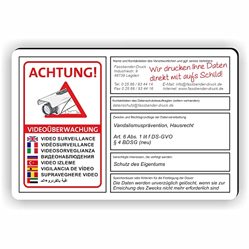 dsgvo BDSG mit Wunschtext - Videoüberwachung Schild/VÜ-015 (30x20cm SCHILD) von Fassbender-Druck SCHILDER
