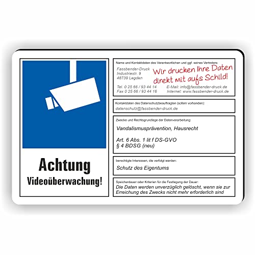 dsgvo BDSG mit Wunschtext - Videoüberwachung Schild/VÜ-014 (45x30cm SCHILD) von Fassbender-Druck SCHILDER