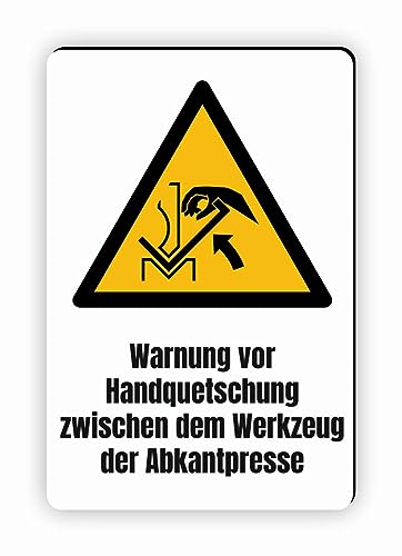 Warnzeichen (W031) Handquetschung zwischen dem Werkzeug der Abkantpresse - Eckiges Warnschild mit Text - Warnschild mit Text - nach DIN EN ISO 7010 von Fassbender-Druck Warnzeichen