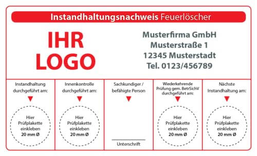 Instandhaltungsnachweis Feuerlöscher mit Firmenlogo selbst gestalten, 48 Stück, 115 x 70 mm, Vinylfolie, selbstklebend, individuell mit Firmeneindruck von Fast-Label