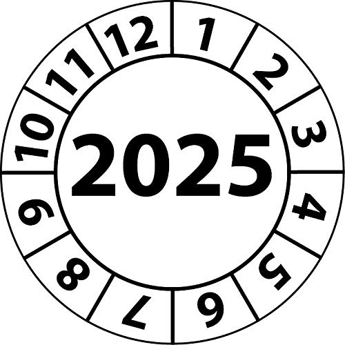Jahresprüfplakette 2025, Vinylfolie, selbstklebend, Prüfaufkleber, Jahresplakette für das Jahr 2025 (20 mm Ø, Weiß, 100) von Fast-Label
